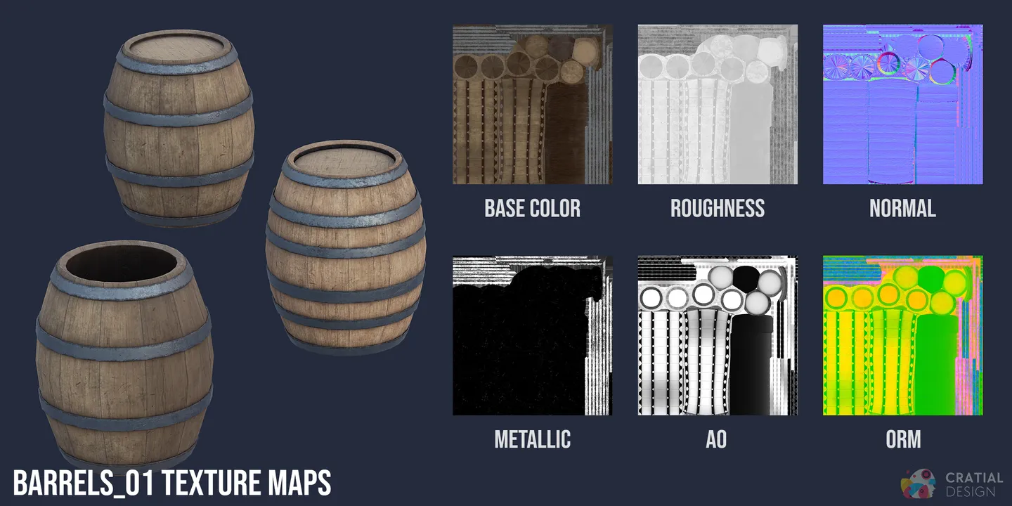 Wooden barrels shown beside labeled PBR texture maps.
