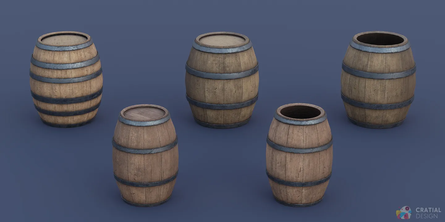 Five weathered wooden barrel variations from the Wild West pack.