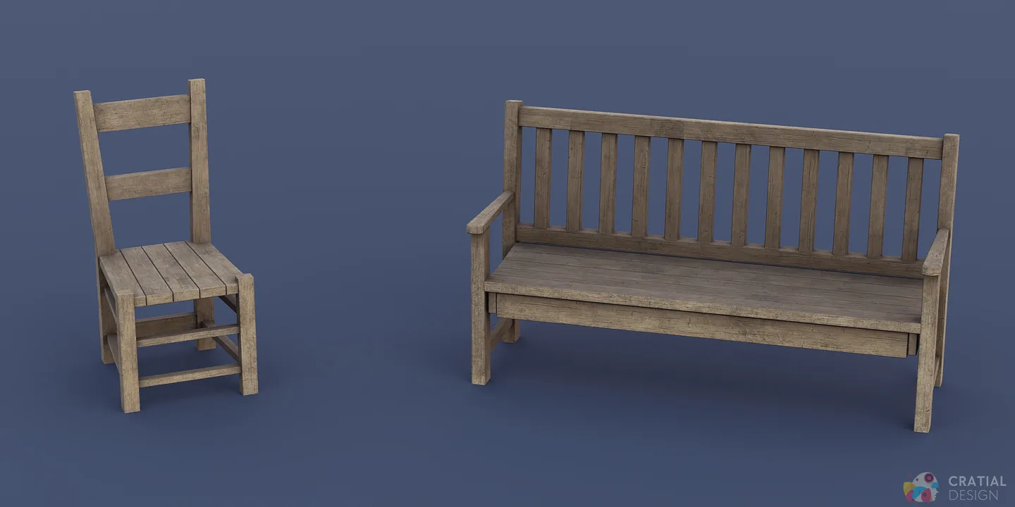 Weathered wooden chair and bench for a stylized Western setting.
