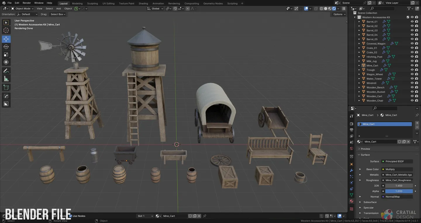 Blender interface showing the complete Wild West prop collection and packed materials.