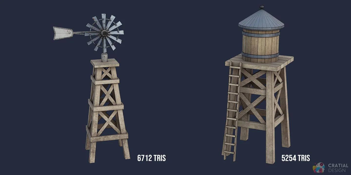 Stylized wooden windmill and raised water tower for a Wild West scene.