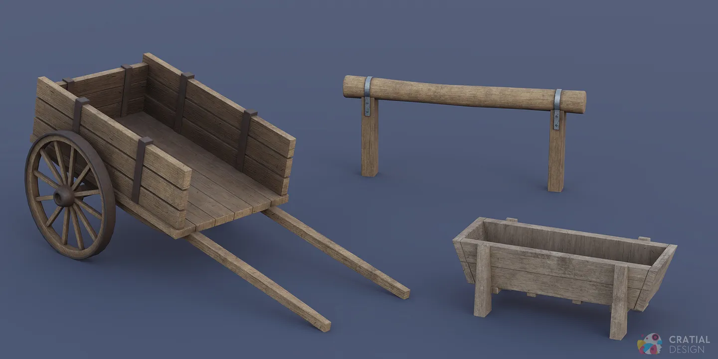 Stylized wooden hand cart and hitching post from the Western asset pack.