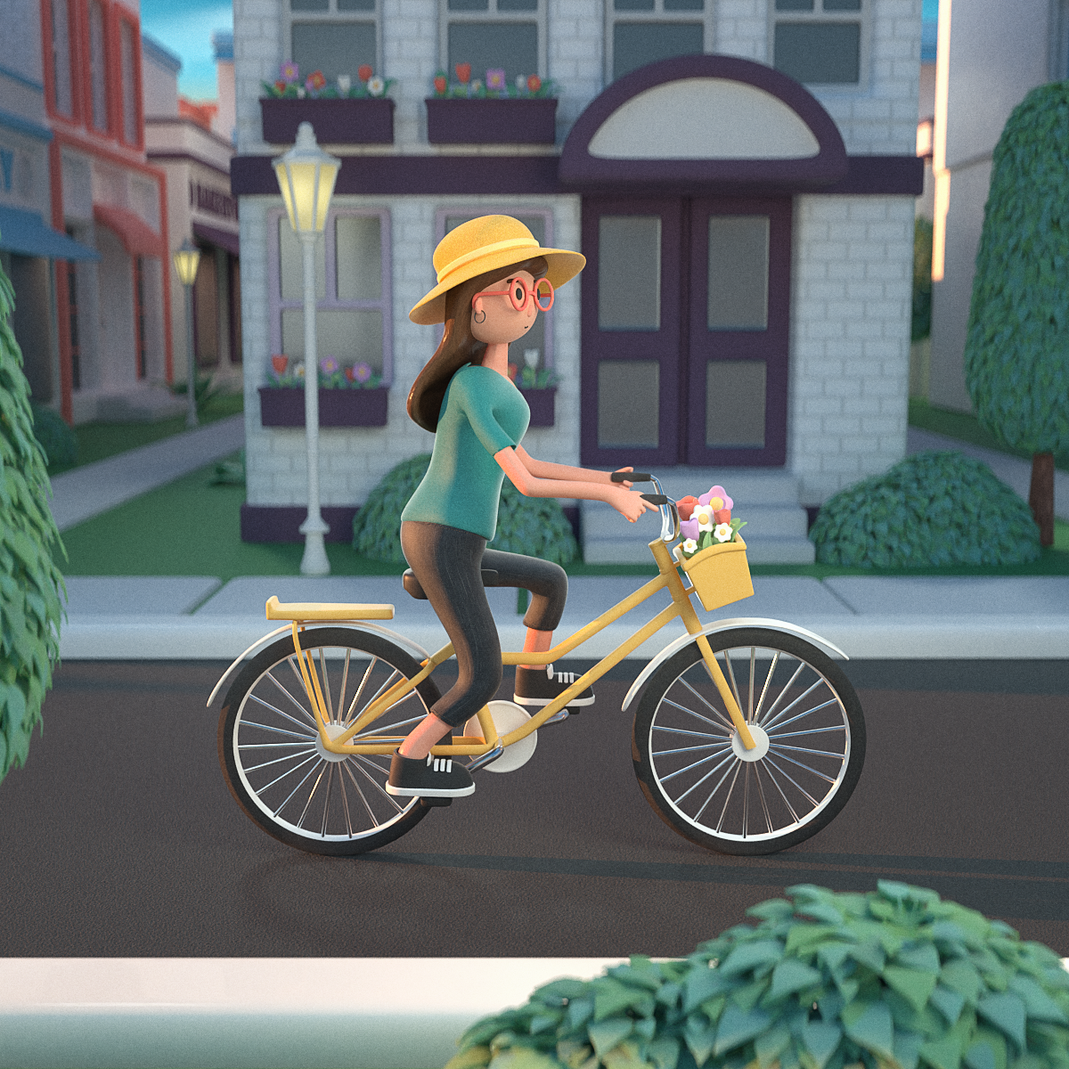 3d stylized render of a biking lady