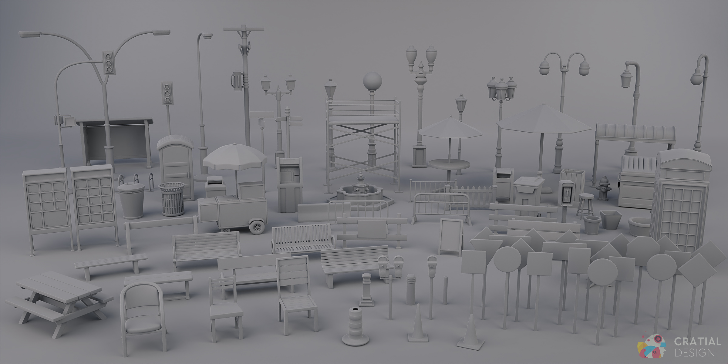 Cratial 3D - Stylized City Accessories Kit - Clay Render