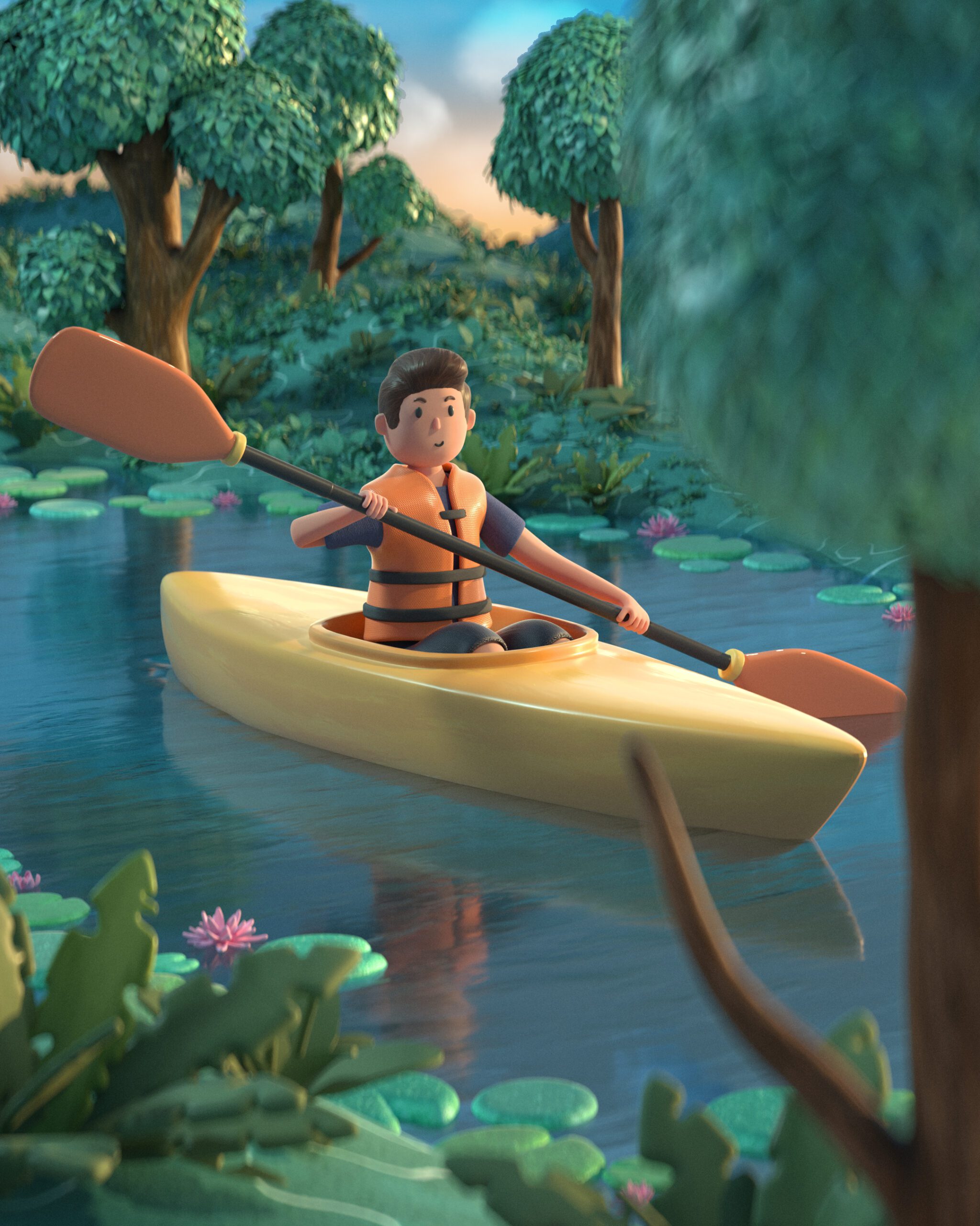 3D Model and Stylized Scene of a Kayaker