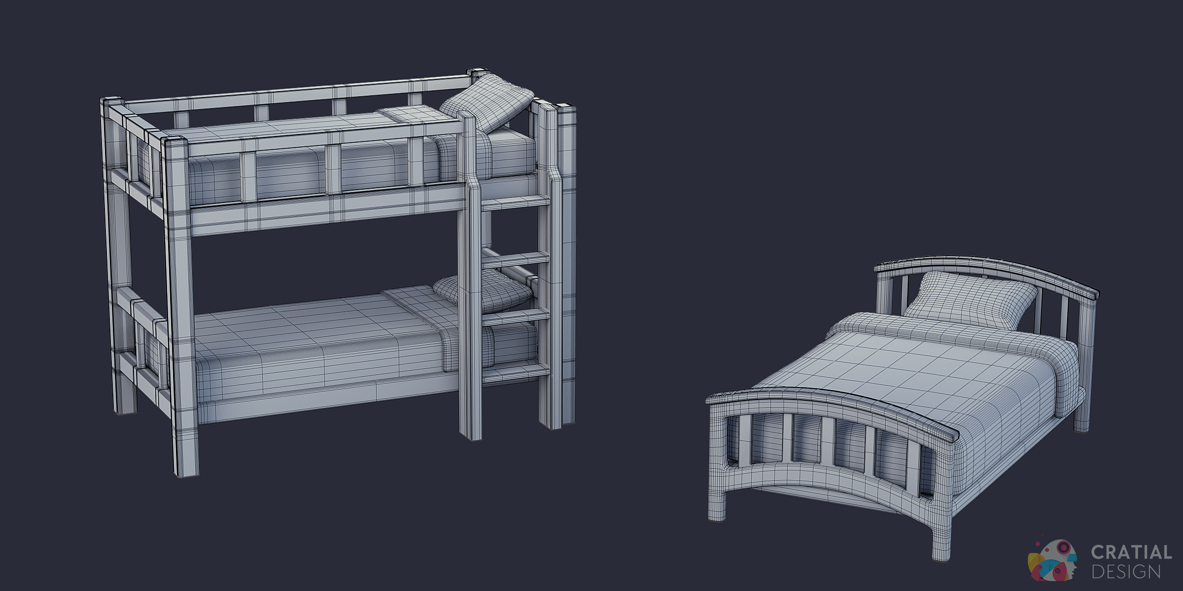 Cratial 3D - Stylized Beds - Topology Render